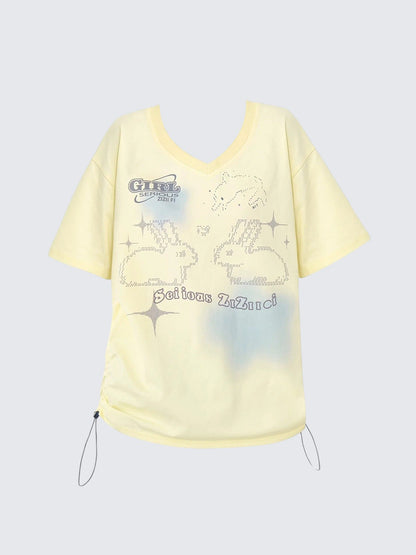 American V-Neck Bunny Drawstring T-Shirt