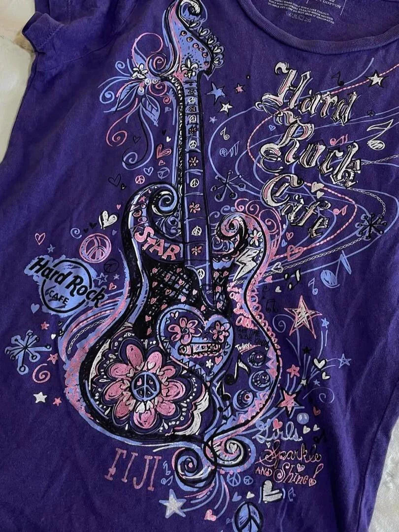 Purple Subculture Punk Y2K E-girl Abi American Retro Guitar Print Short Sleeve Top