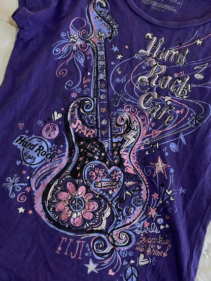 Purple Subculture Punk Y2K E-girl Abi American Retro Guitar Print Short Sleeve Top