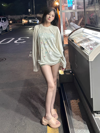 Lazy Style Sun Protection Graffiti Angel Long Sleeve Top