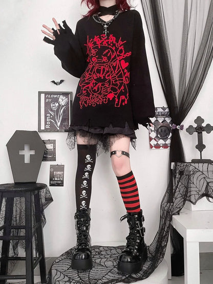 Y2K Punk Bandage Bunny V-Neck Black-Red Sweater