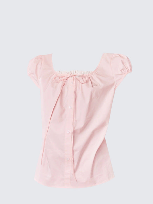 French Sweet Bow Tie Puff Sleeve Shirt