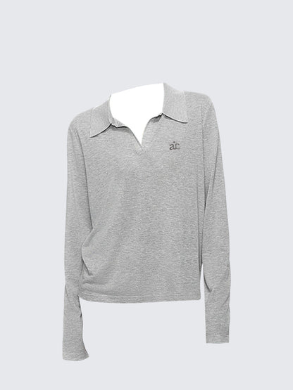 Grey Linen V-Neck Polo Tee