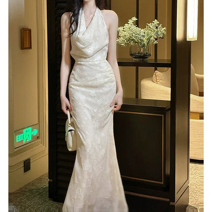 French Spaghetti Strap Draped Back Gown Dress