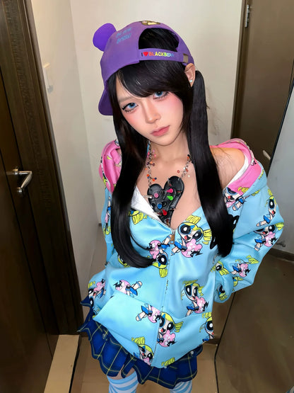 Powerpuff Girls Hoodie Double Hood Y2K Zip-Up Jacket