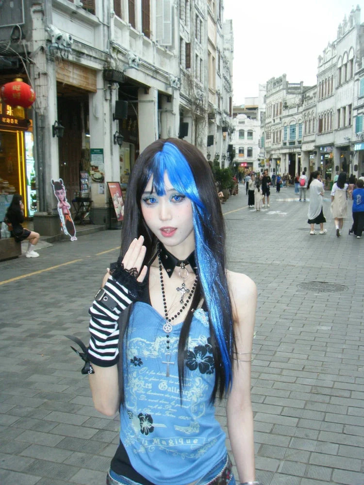 Blue American Vintage Print Halter Fake Two-Piece Y2K Tank Top