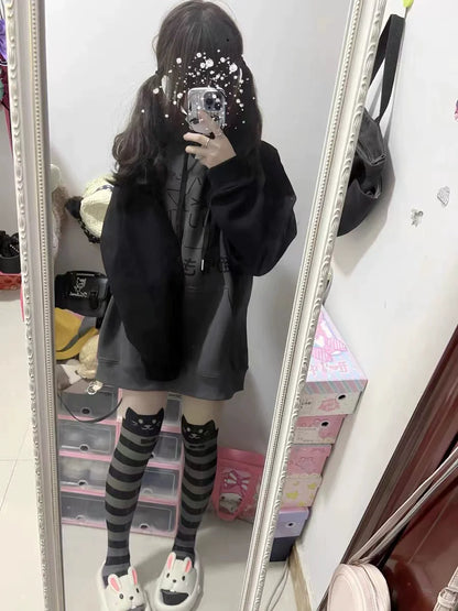Black & Gray [Fleece-Lined] Subculture Y2K Kawaii Japanese Anime Cute Cat Print Hooded Sweatshirt