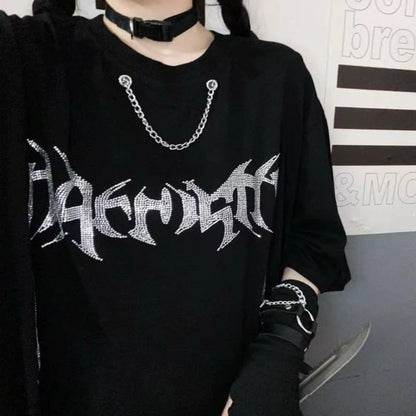 Black Subculture Punk Hip-Hop Y2K E-girl Rhinestone Chain Oversized Short Sleeve Top
