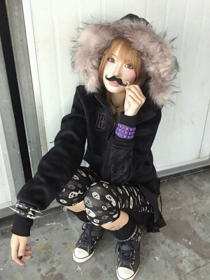 Y2K Visual Kei Fur Collar Hoodie Autumn-Winter Short Pullover with Tassel Hem