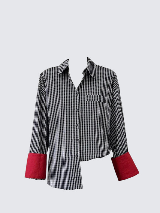 Retro Contrast Cuff Shirt Women