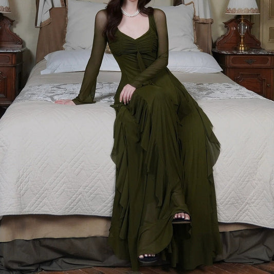 Green Long Sleeve Square Neck Gown Prom Dress
