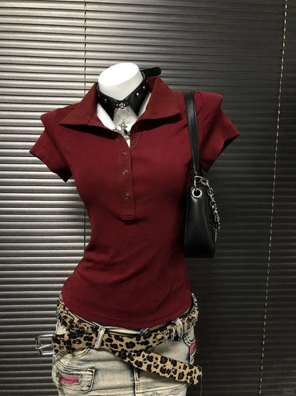 Burgundy Subculture Y2K E-girl Abi American Retro Polo-Collar Regular-Shoulder Waist-Cinched Short Sleeve Top