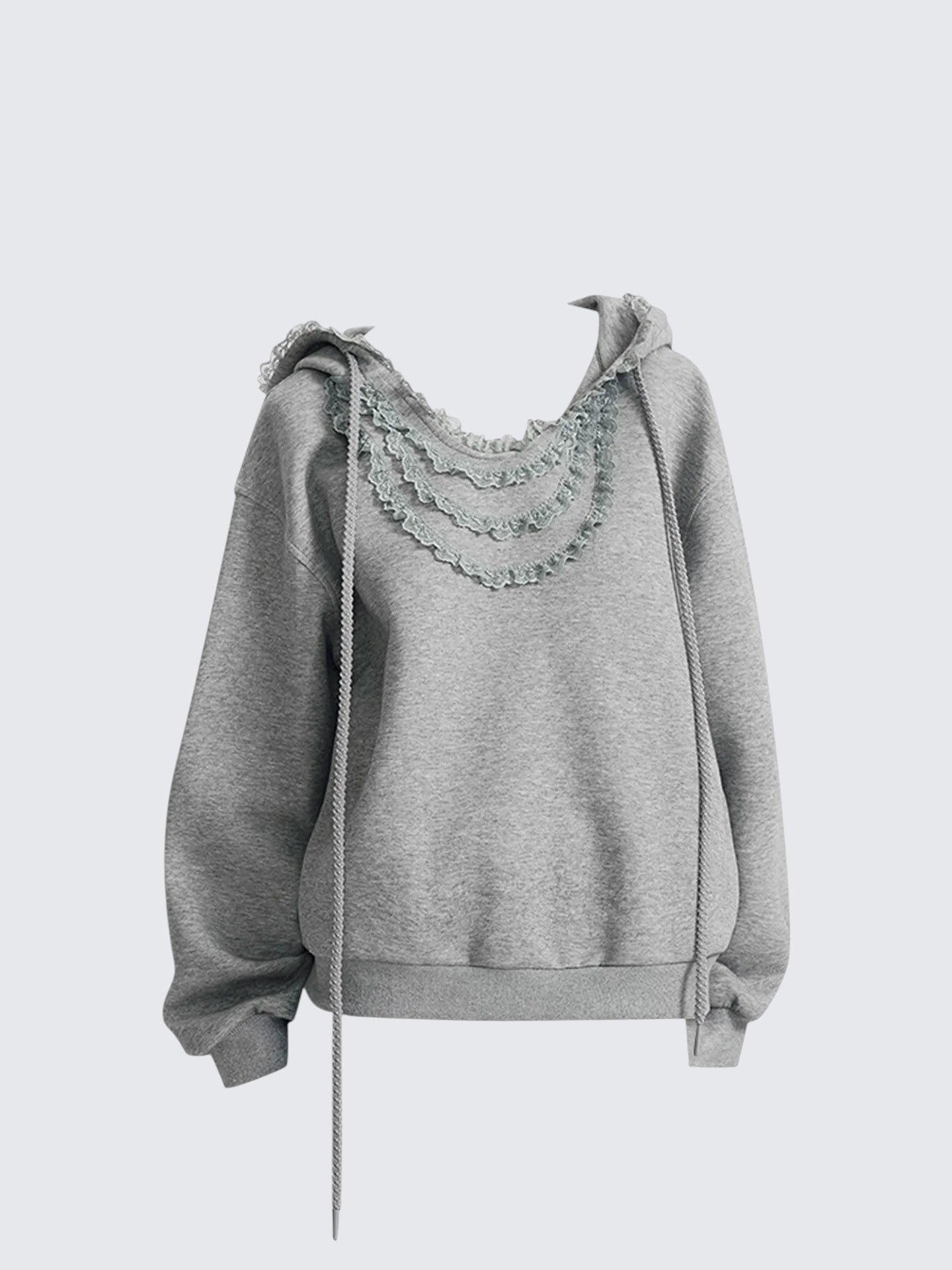 Gray Ruffle Hooded Long Sleeve Hoodie