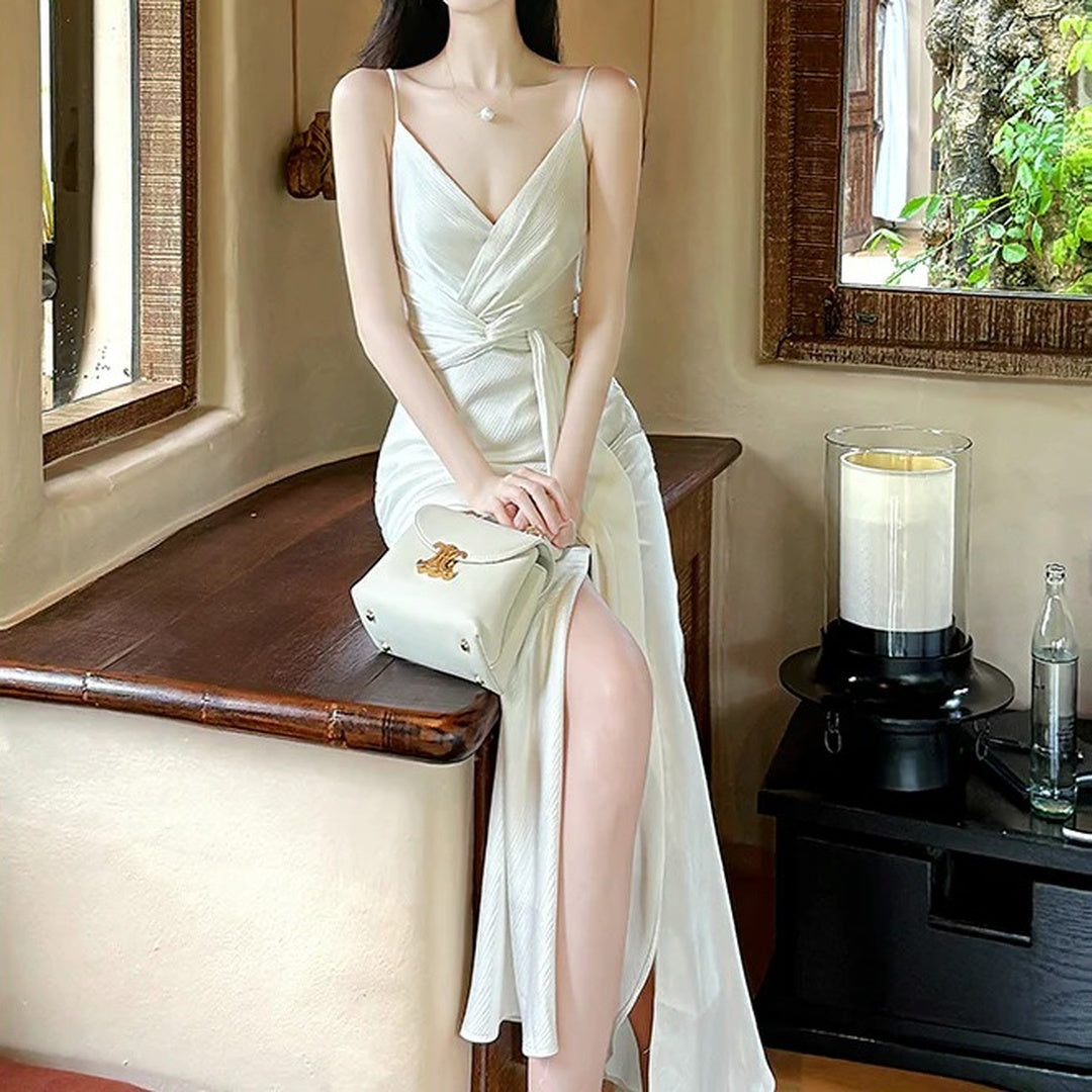 French White Satin Spaghetti Strap Mermaid Gown Dress