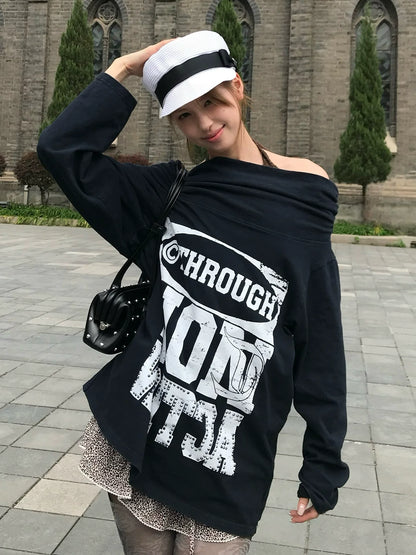 American Hot Girl Off-Shoulder Long Sleeve Tee  Rhinestone Print Lazy Chic Top