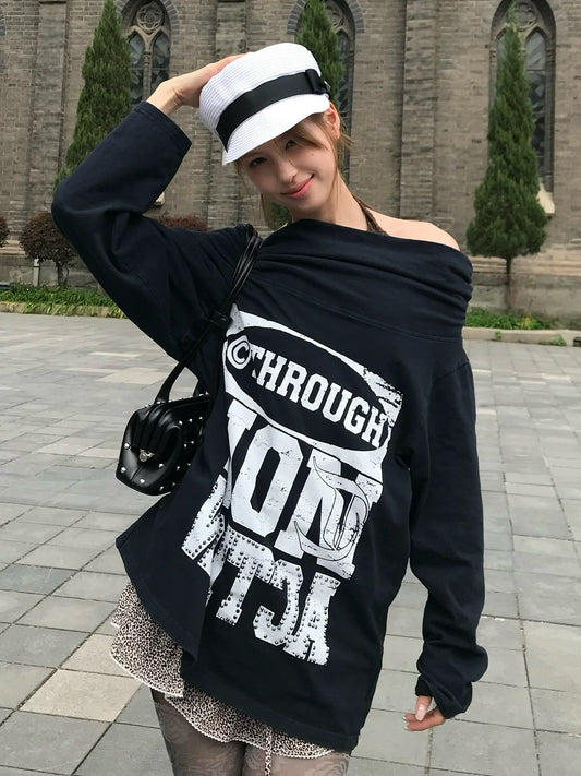 American Hot Girl Off-Shoulder Long Sleeve Tee  Rhinestone Print Lazy Chic Top