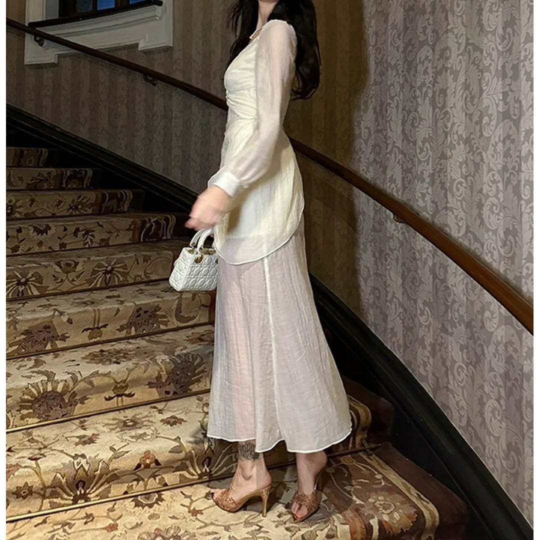 French Vintage Lace Long Sleeve Gown Dress