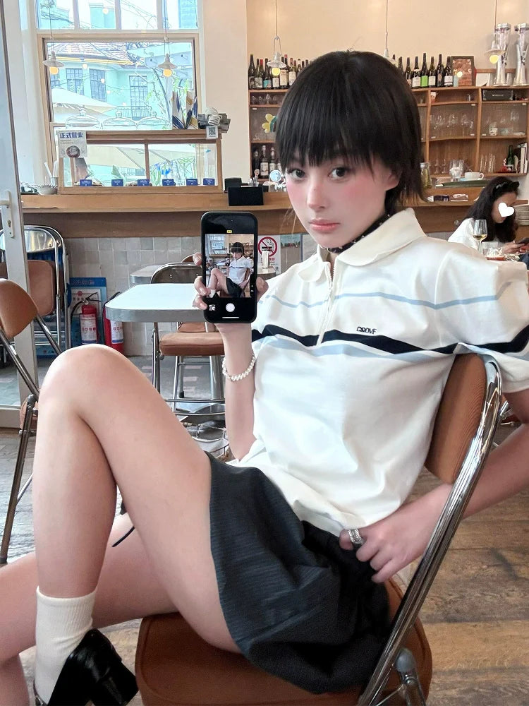 White Polo Tee Smart Academic Stripe Short Sleeve Top