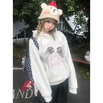Cat Paw Letter Print Hoodie Loose Fit Unisex Top