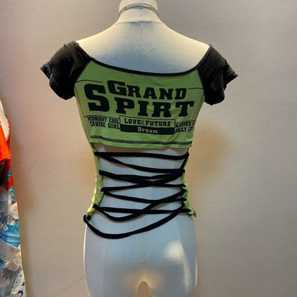 Vintage Black & Green Subculture Punk Y2K E-girl Retro Letter Print Slim Sexy Short Sleeve Top
