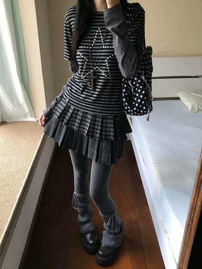 Y2K Star Rhinestone Stripe Long Sleeve Top for Autumn