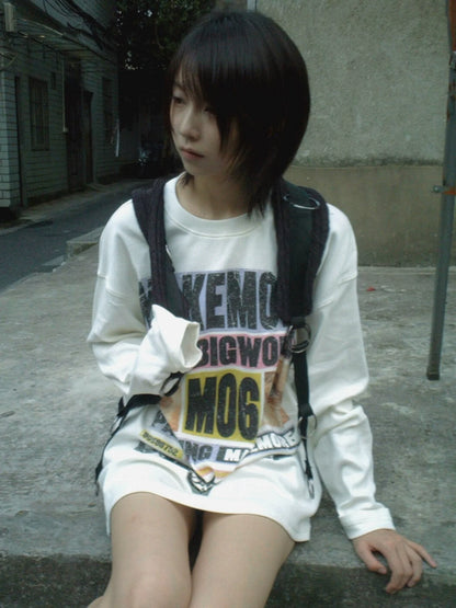 American Street White Long Sleeve Tee Autumn Colorblock Letter Print Loose Fit Base Top