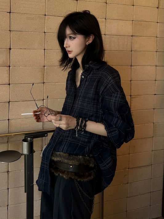 Asymmetric Plaid Long Sleeve Shirt Sheer Vacation Loose Fit Top