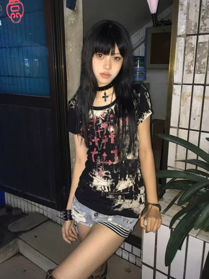Black Subculture Punk Y2K E-girl Retro Print Niche Slim Short Sleeve Top (Style 2)