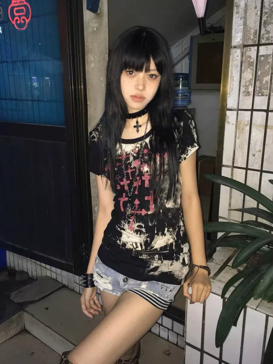 Black Subculture Punk Y2K E-girl Retro Print Niche Slim Short Sleeve Top (Style 2)