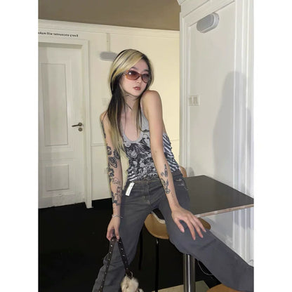 Gray Subculture Punk Y2K E-girl Retro Halter Print Tank Top