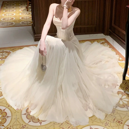 Sequin Lace Bustier & Mesh Skirt Gown Prom Dress