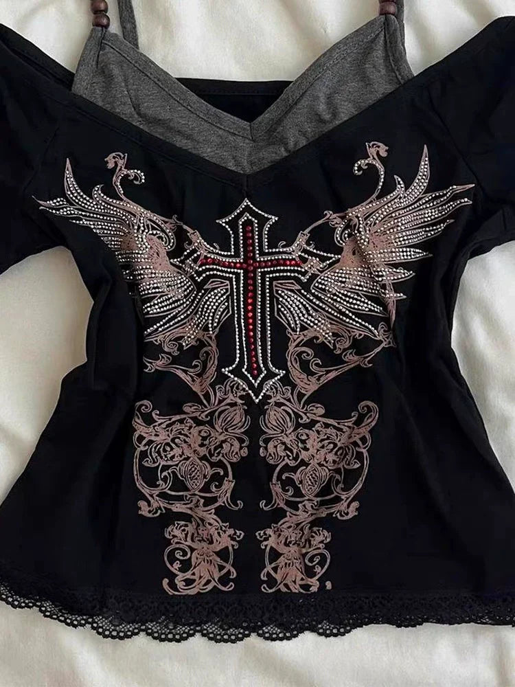 Black Fake Two-Piece Top Subculture Y2K E-girl Abi Vintage Cross Rhinestone Short Sleeve Top