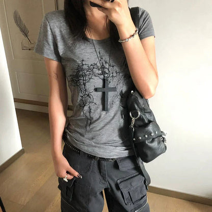 Y2K Printed Wide Neck Crop Top Slim Fit Tee