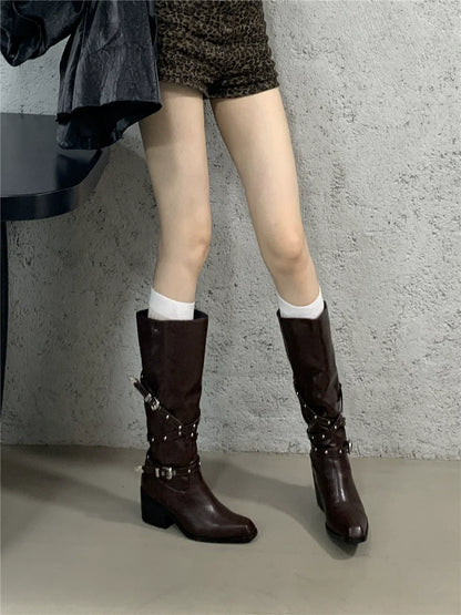 Korean Fashion Boots Luxury Buckle Petite Chunky Heel Knee High Over The Knee Fashionable Slim Boots