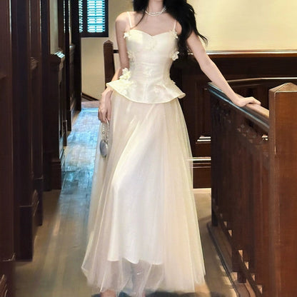 French Satin Halter Fake Two-Piece Gown Dress