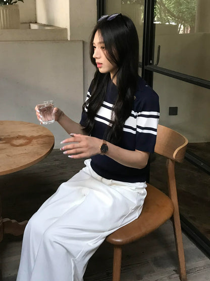 Old Money Navy Polo Knit Top  Slim Fit Short Sleeve Structured Shoulder Preppy Shirt