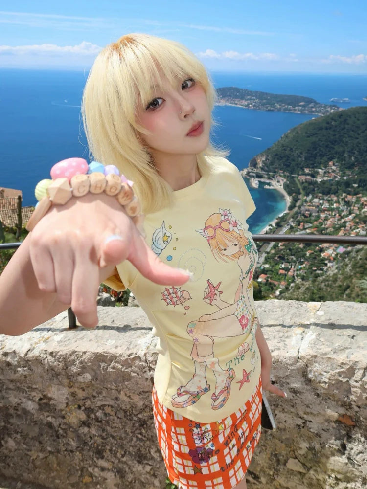 Yellow Anime Print Short Sleeve Tee Summer Slim Fit Y2K Otaku Style Top
