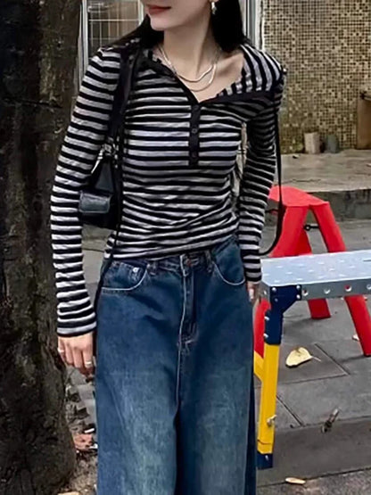 Black & Gray Striped Hooded Light Subculture Y2K E-girl American Retro Long Sleeve Top