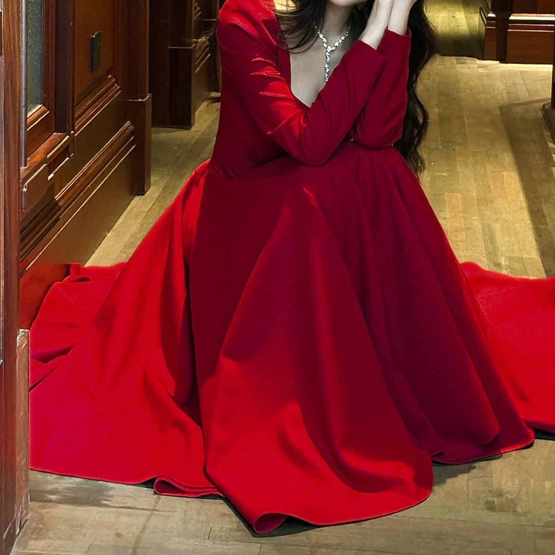 French Red Long Sleeve Swing Gown Dress
