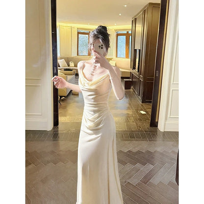 French Draped Mermaid Spaghetti Strap Gown Dress