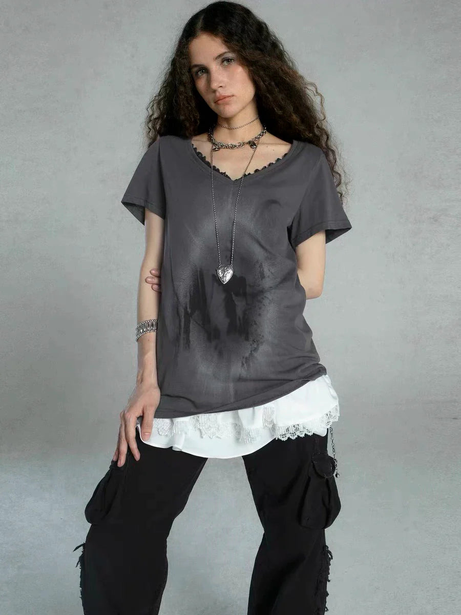 Smoky Gray Punk Y2K E-girl V-neck Lace Mystery Print Oversized Mid-Length Short Sleeve Top