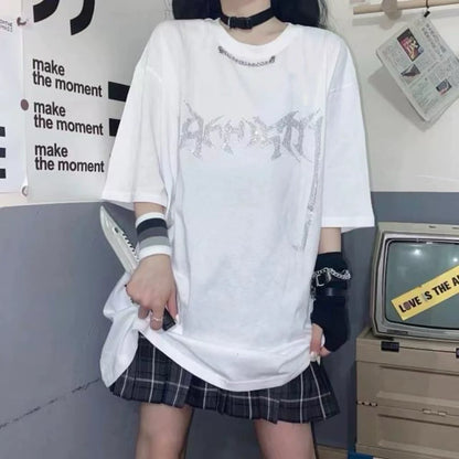 Black Subculture Punk Hip-Hop Y2K E-girl Rhinestone Chain Oversized Short Sleeve Top