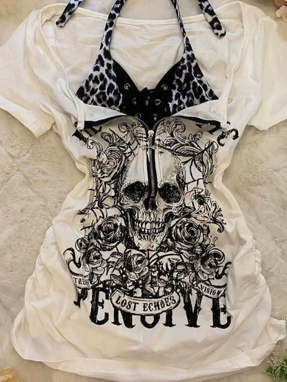 Skull Leopard Patchwork Y2K T-Shirt