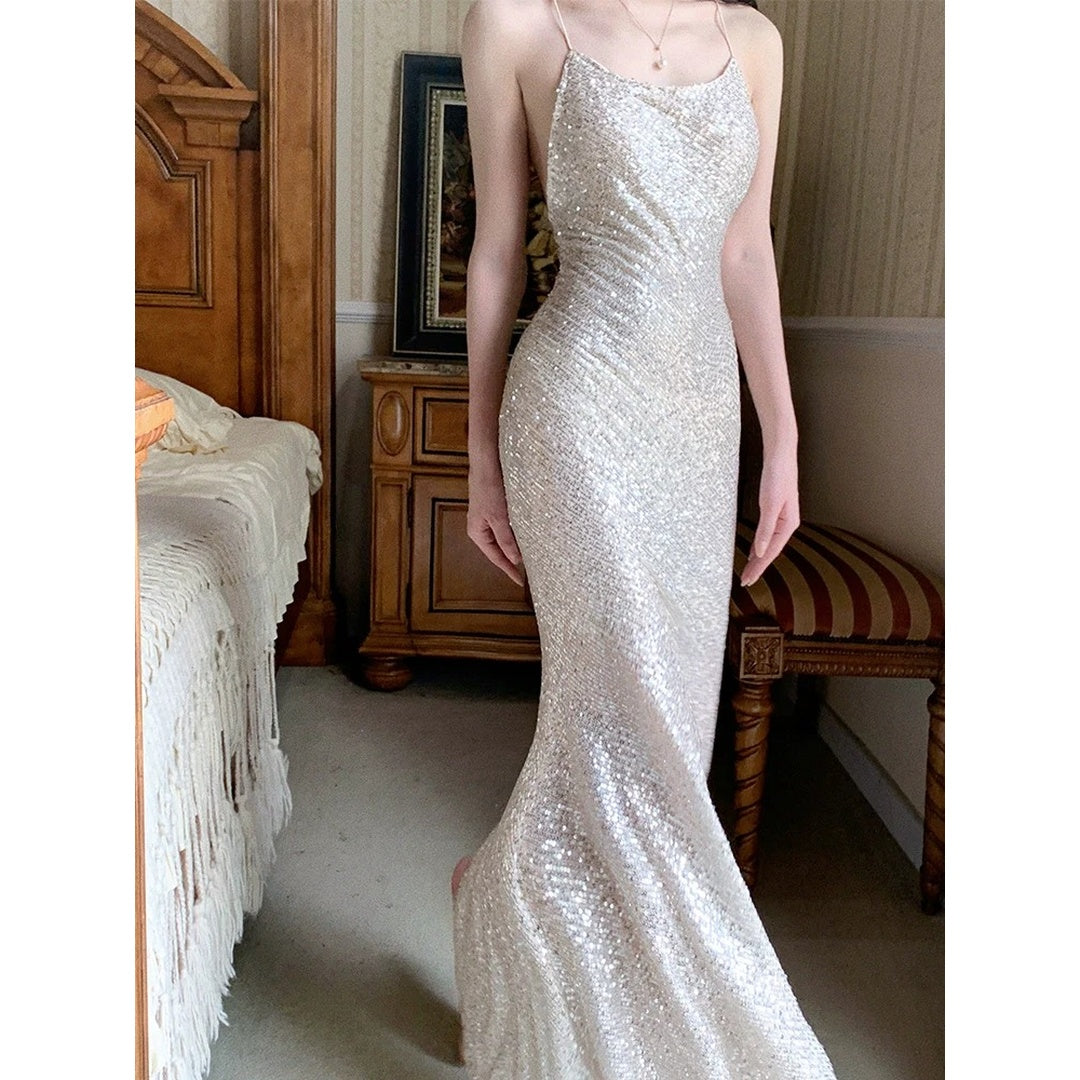 Silver Sequin French Evening Gown Dress