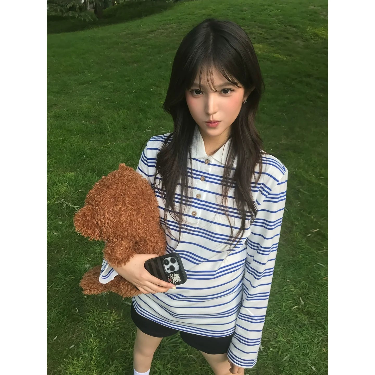 Blue-White Striped Polo Long Sleeve Korean Retro Loose Top