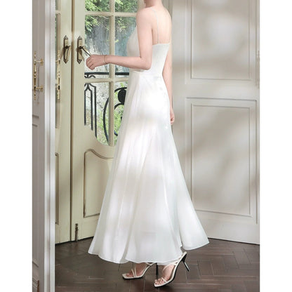 French Satin White Spaghetti Strap Gown Dress