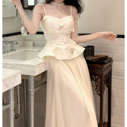 French Satin Halter Fake Two-Piece Gown Dress