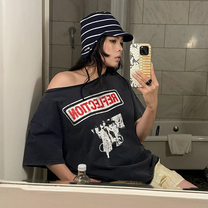 Distressed Letter Print Asymmetric Top for Summer