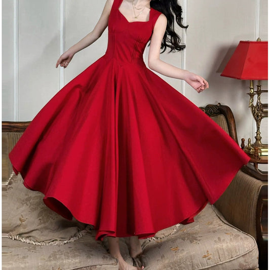 French V-Neck Red Sleeveless Ball Gown Dress