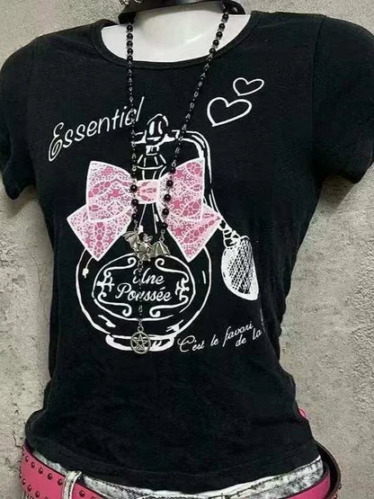 Black Subculture Y2K E-girl Abi American Retro Cute Bow Print Short Sleeve Top